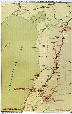 Falls Sketch Map 41 Pursuit from Damascus to Aleppo 1 to 28 October. Australian Mounted Division advance to Homs 29 October to 1 November not shown