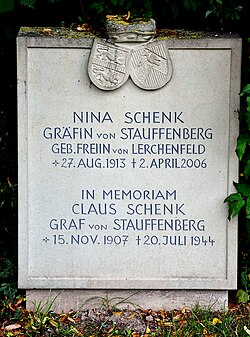 The grave of Nina Schenk Gräfin von Stauffenberg and the memorial to her husband, Oberst Claus Schenk Graf von Stauffenberg, at Kirchlauter