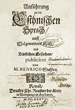 Estonian Grammar by Heinrich Stahl, published in Tallinn (Reval) in 1637