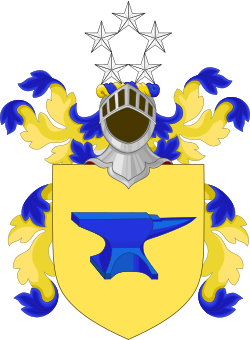 The coat of arms granted to Eisenhower upon his incorporation as a knight of the Danish Order of the Elephant in 1950.[328] The anvil represents the fact that his name is derived from the German for "iron hewer", making these an example of canting arms.