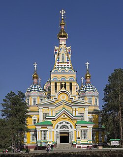 Ascension Cathedral, a 19th-century Russian Orthodox cathedral located in Panfilov Park, is the fourth tallest wooden building in the world.[72]