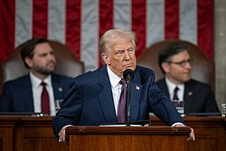 President Trump during his 2025 speech to a joint session of Congress, with Vice President JD Vance and House Speaker Mike Johnson.