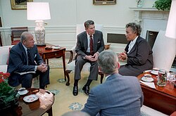Eugenia Charles, Prime Minister 1980–95, discussing the situation in Grenada in 1983 with US President Ronald Reagan