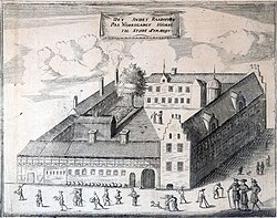 The 14th century city hall and later bishop's palace on the corner of Nørregade and Studiestræde as Erik Pontoppidan imagined it in 1760.