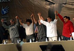 Presidents Fernando Lugo of Paraguay, Evo Morales of Bolívia, Luiz Inácio Lula da Silva of Brasil, Rafael Correa of Ecuador, and Hugo Chávez of Venezuela, in Fórum Social Mundial for Latin America