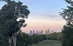 Stevens Park Golf Course, in the Kessler Park neighborhood, with the view of Downtown Dallas on the end