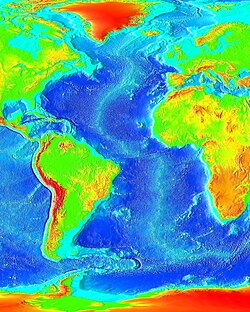 False color map of ocean depth in the Atlantic basin