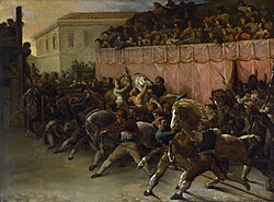 Riderless Racers at Rome by Théodore Géricault. From the mid-15th century until 1882, spring carnival in Rome closed with a horse race. Fifteen to 20 riderless horses, originally imported from the Barbary Coast of North Africa, ran the length of the Via del Corso, a long, straight city street, in about 21⁄2 minutes.