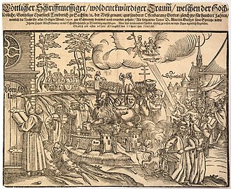 Print showing Luther inscribing a church door with a giant quill. The opposite end of the quill pierces a lion's head. There are many other symbolic and historical figures.
