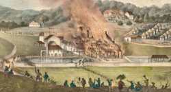 Landscape by Adolphe Duperly showing the destruction of the Roehampton plantation during the Baptist War, January 1832