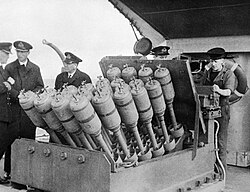 Hedgehog anti-submarine mortar mounted on the forecastle of the destroyer HMS Westcott