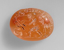 Sasanian-era cornelian gem, depicting the sacrifice of Isaac, 4th–5th century AD.