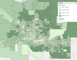 Median household income across metro Phoenix; the darker the green, the higher the income.[142]