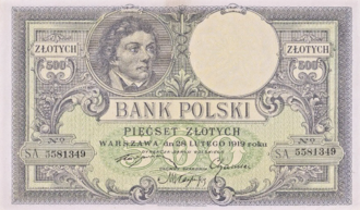 The obverse of the 1919 500-złoty note.
