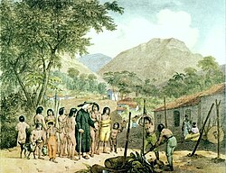 A missionary with settled Tapuia Indians, in an engraving by Rugendas from the early 19th century.