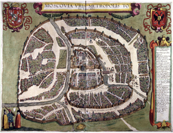 The Sigismundian Plan of Moscow (1610), before the city's destruction in 1612 and changes to streets. The north is to the right.