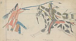 Ledger drawing of a mounted Cheyenne warrior counting coup with lance on a dismounted Crow warrior.