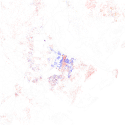 Racial distribution map of Savannah and Chatham County (source: 2010 U.S. census). Each dot represents 25 residents: White, Black, Asian, Hispanic or other (yellow).