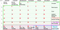 Some named days and day ranges around Lent and Easter in Western Christianity, with the fasting days of Lent numbered