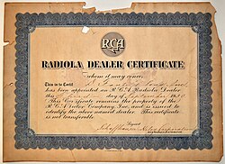 RCA Radiola Dealer Certificate issued to D. Fante's Sons Inc., Philadelphia PA (RCA Victor Company 03 Sept 1930)