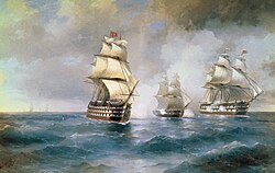 1892 painting depicting Imperial Russian Navy Brig "Mercury" Attacked by Two Turkish Ships in a scene from the Russo-Turkish War (1828–1829), by Ivan Aivazovsky