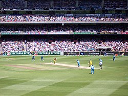 The gray area is the cricket pitch currently in use. Parallel to it are other pitches in various states of preparation which could be used in other matches.
