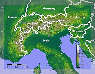The Alps extend in an arc from France in the south and west to Slovenia in the east, and from Monaco in the south to Germany in the north.