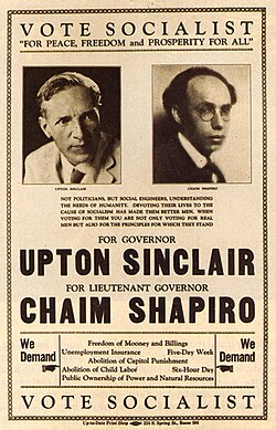 Socialist Party campaign poster featuring Sinclair and Chaim Shapiro as candidates for Governor and Lieutenant Governor of California, respectively, 1930