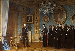 A deputation of members of the Mexican nobility, presenting the throne of the Mexican Empire to the future Maximilian I of Mexico in 1863. He was a descendant of prior Habsburg rulers of the Spanish Empire, the crown jewel being New Spain (Mexico).