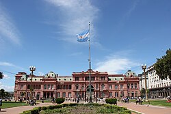 The flag at Plaza de Mayo, in front of the Casa Rosada.