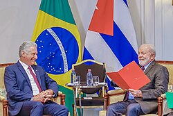 Cuban leader Miguel Díaz-Canel with Brazilian President Luiz Inácio Lula da Silva in Paris, France, 22 June 2023