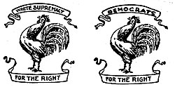 In many states, the logo of the Democratic Party was a rooster, for instance, in Alabama: Logo of the Alabama Democratic Party, 1904–1966 (left) and 1966–1996 (right).[157][158]
