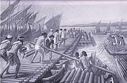 Phoenicians build pontoon bridges for Xerxes I of Persia during the second Persian invasion of Greece in 480 BC (1915 drawing by A. C. Weatherstone).