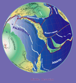 The earth at 380 Ma, centered on the Paleo-Tethys Ocean, which fully opened during the Devonian