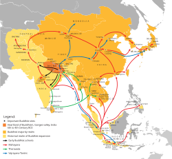 The Silk Road transmission of Buddhism: Mahayana Buddhism first entered the Chinese Empire (Han dynasty) during the Kushan era. The overland and maritime "Silk Roads" were interlinked and complementary, forming what scholars have called the "great circle of Buddhism."[141]