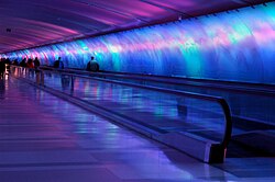 Colorful pedestrian Light Tunnel at Detroit's DTW airport, United States.