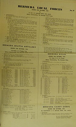 Bermuda Local Forces Orders for October 1954, by Captain Darby Robert Follett Houlton-Hart, MC, of the Royal Lincolnshire Regiment, Adjutant Bermuda Local Forces