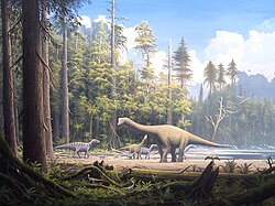 Mesozoic scene showing typical reptilian megafauna: dinosaurs including Europasaurus holgeri, iguanodonts, and Archaeopteryx lithographica perched on the foreground tree stump