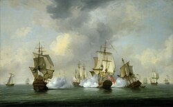 The British privateer Boscawen engaging several French ships on 23 May 1745