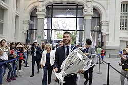 Ramos in 2018 with the UEFA Champions League trophy in Cybele Palace