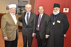 First Gathering of European Muslim and Jewish leaders in Brussels, December 2010 hosted by the Foundation for Ethnic Understanding – left to right: Grand Mufti Mustafa Ceric – European Council President Herman Van Rompuy – Rabbi Marc Schneier – Imam Dr. Abdujalil Sajid