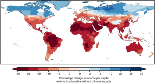 Regional median economic impacts predicted due to global warming by 2050 compared to present.[265]