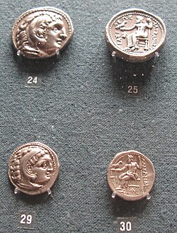 Tetradrachms (above) and drachms (below) issued during the reign of Alexander the Great, now in the Numismatic Museum of Athens