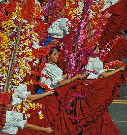 Indigenous Pipil women dancing in the traditional Procession of Palms in Panchimalco, El Salvador