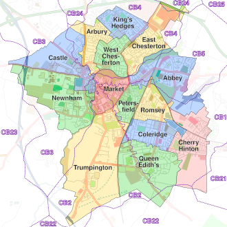 Map showing the 2010 electoral boundaries of the city (prior to 2021 ward boundary changes) with postcode districts superimposed