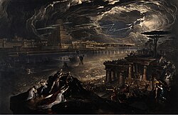 The Fall of Babylon, an 1831 portrait by John Martin, depicts chaos with the Persian army occupying Babylon, symbolizing the ruin of a decadent civilization. The lightning striking the Babylonian ziggurat represents the Tower of Babel and God's judgment against Babylon.