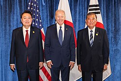 South Korean President Yoon Suk Yeol with U.S. President Joe Biden and Japanese Prime Minister Shigeru Ishiba in November 2024