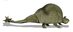 Reconstruction of the glyptodont Doedicurus clavicaudatus, distributed in the temperate savannah and woodland of South America