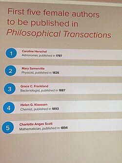 In 1787, Caroline Herschel became the first woman published in the journal and the only one in the 18th century. Poster at Publishing 350 Exhibit, 2015.