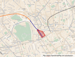 Map of the area around Euston, with planned High Speed 2 redevelopment. The new line is drawn in orange (left). (The line to the right is High Speed 1 entering St Pancras International).